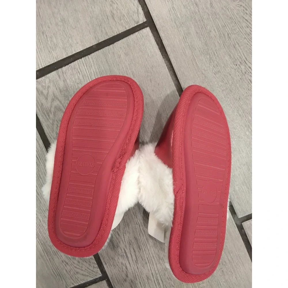 Cat & Jack Girls Metallic Red Faux Fur Slippers Elastic Back Strap XL 11/12